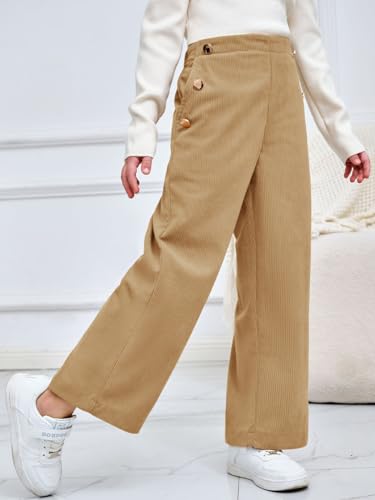 Image of Haloumoning Girls Wide Leg Corduroy Pants Kids Elastic Waist Gold Button Trousers with Pockets 5-14 Years