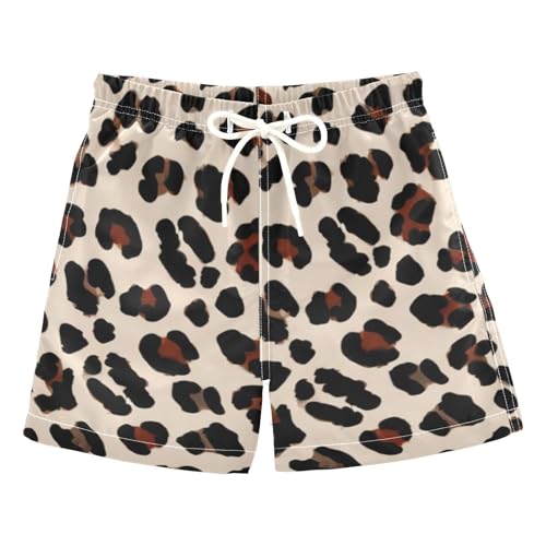 FLildon Beige Leopard Print Little Boys Swim Trunks with Mesh Lining Quick Dry Beach Board Shorts, 3T