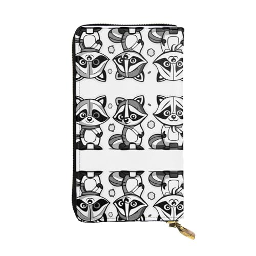 Longue pochette portefeuille en cuir noir avec compartiments zippés et motif raton laveur