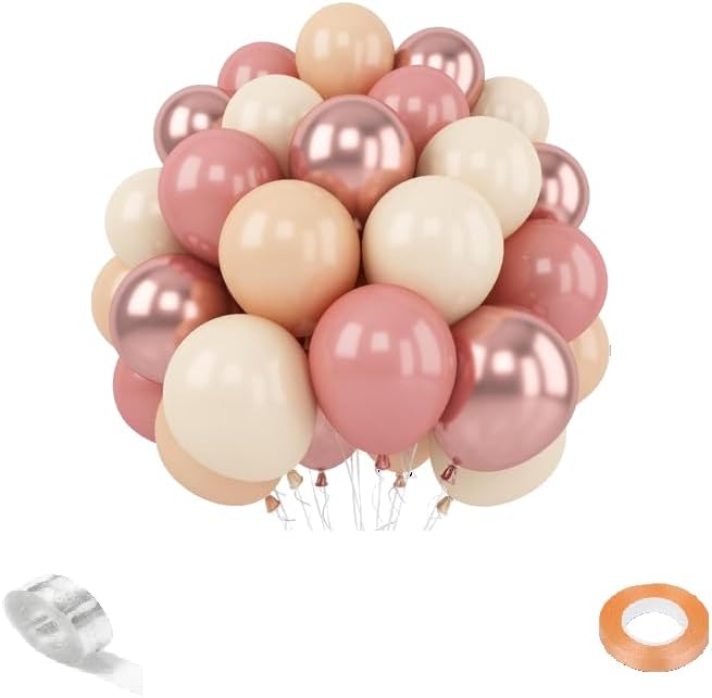 Beige Nude, Sand White, Retro Pink Rose Gold Chrome Balloons 12 Inch 60 pcs with Ribbon & Arch for Decoration of Birthday Engagment Wedding Party Decoration (Retro Pink)