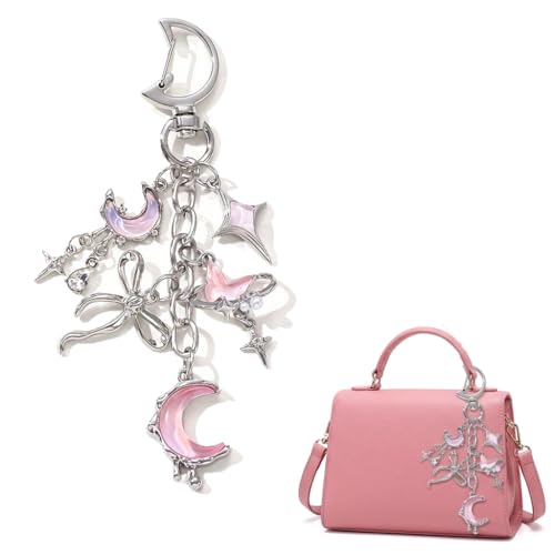Image of Zibuyu Silver Alloy Keychain, Pink Moon Star Butterfly Dangle Bag Charm | Adds Style to Bags, Helps Locate Keys, Silver Alloy, Multi-Chain Dangle, Pearl Bow Accents, Wipe Clean