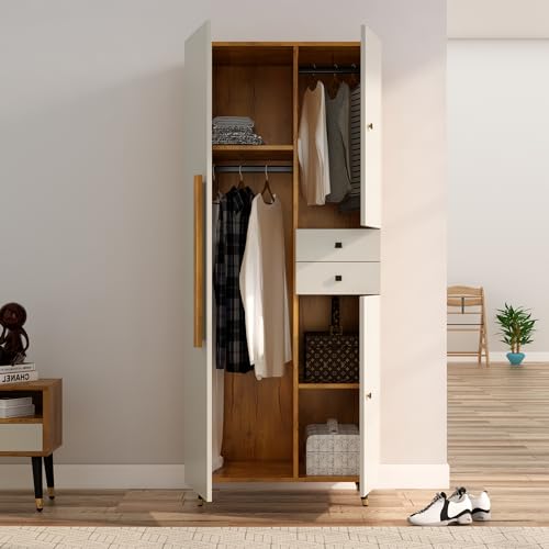 Image of Bniture 3 Door Wooden Wardrobe for Bedroom | Almirah for Clothes with 3 Shelves & 2 Hanging Space | Full Height Storage Cupboard for Bedroom | Spacious Storage Cupboard | Giant Wood & Frosty White
