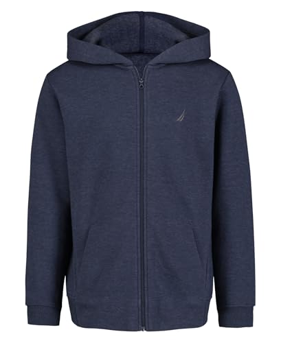Nautica Boys Zip Up Hoodie Sweatshirt Signature Logo Design Kangaroo Pockets Made With Lightweight Fleece Heathered Navy 10-12