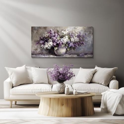 SERIMINO Large Wall Art for Living Room, Still Life Flowers Canvas Prints, Purple Floral Botanical Decor Paintings, Modern Aesthetic Pictures Wall Decor, Farmhouse Kitchen Artwork 24"X48"
