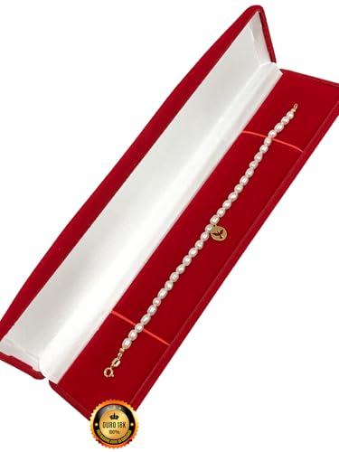 Pulseira Feminina Pérolas C/Pingente Pomba Do Divino Ouro 18k 750 Acompanha Estojo e Certificado