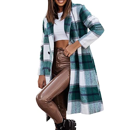 Veste à carreaux pour femme vert XL : manteau long et droit à manches longues pour le quotidien