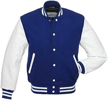 VARSITY JACKET - Klassiek Origineel Ontwerp - Echt Wol Lichaam - 100% Echte Koeienhuid Lederen Mouwen Letterman Baseball Bomber American USA Vintage Fashion Sport Stijl Jas (2XL, Blauw & Wit