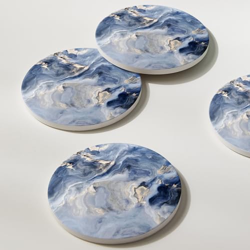 Image of Set of 6 Navy Blue Marble Coasters with Holder,Absorbent Ceramic Coasters for Drinks, Coasters with Cork Backing for Table Protection, Housewarming Gifts for New Home