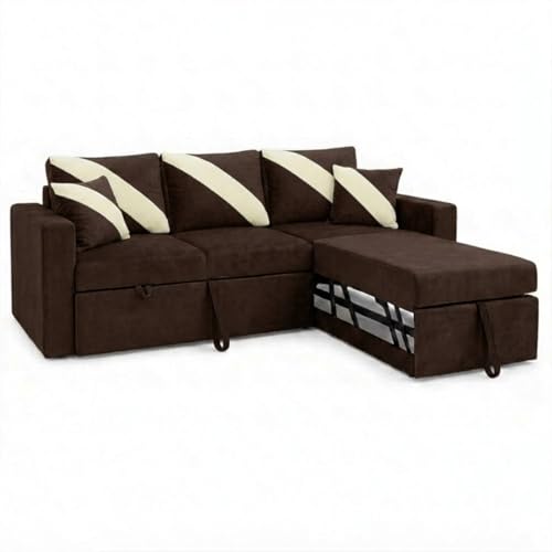 Image of FURNY Trivia 4 Seater RHS Lounger Sofa Cum Bed (Dark Brown) with Pull-Out Function | Luxury Velvet Suede Finish | Durable Comfort | Ideal for Living Room