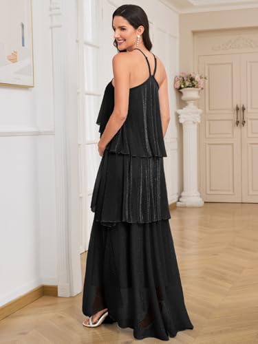 Image of AISWI Maternity Halter Neck Maxi Dress Sparkly Mesh Tiered Ruffle Pregnancy Gown with Flower for Baby Shower Photoshoot