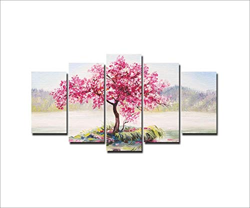 Mad Masters Landscape Oriental Cherry Tree Painting in Multiple Frame (HD+ Canvas, 122 x 56 cm, Pack of 5, Mad C 1454)