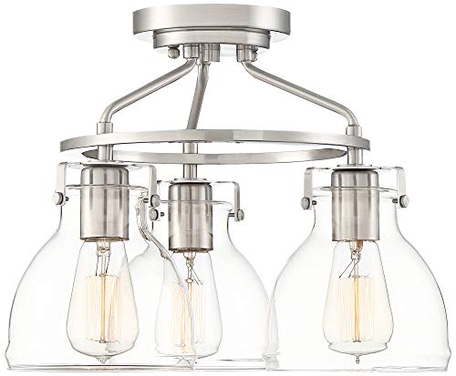 Possini Euro Design Bellis Modern Industrial Close To Ceiling Light Semi Flush Mount Fixture 14 1/2" Wide 3-Light Brushed Nickel Clear Glass Shade Bedroom Hallway Living Room Dining Room Bathroom #TOP28