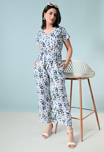 Image of Womens Summer Jumpsuits, Floral Printed Short Sleeve High Waisted Pockets V-Neck Beach Vacation Outfits