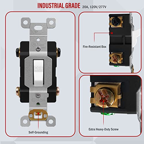 Enerlites 20 Amp Double-Pole Toggle Light Switch, 20A 120/277V, Self-Grounding, Industrial Grade, Ul Listed, 82200-W, White #TOP2