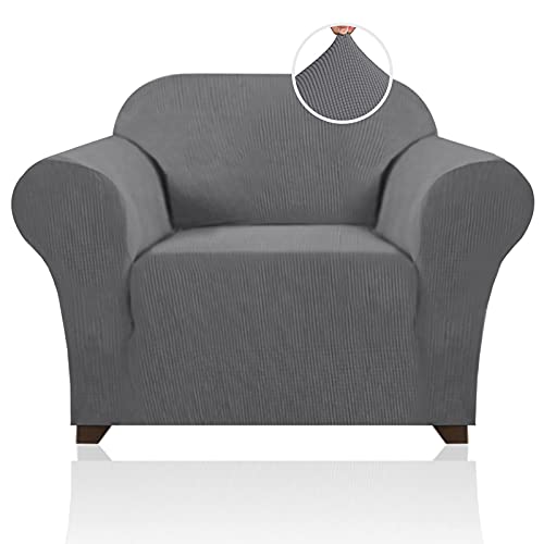 Soft Spandex Chair Cover 1 Piece Furniture Protector Lycra Jacquard Small Checks Sofa Cover for Living Room 1 Seat Cushion Couch Cover Slipcover with Elastic Bottom (1 Seater, Charcoal Gray)