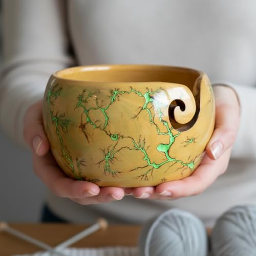 Image of Lichtenberg Figure Yarn Bowl - Handmade Wooden Yarn Bowl for Knitting Yarn Ball Holder - Yarn Bowls with Holes Crochet Bowl Holder - Yarn Storage Bowl 7 inch x 4 inch inches (Green-B)