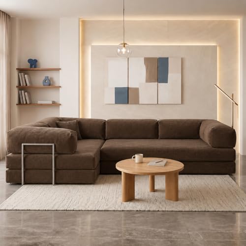 Image of Torque Vegas 5 Seater L Shape Sofa Cum Bed for Sleeping- Dark Brown | Suede Fabric 5 Seater Sectional 3-in-1 Sofa Bed | Corner L Shaped Sofa Set for Living Room Office