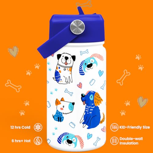 Image of SANDJEST Dog Water Bottle - Kids Water Bottle with Straw Lid - 12 Oz Insulated Stainless Steel Water Bottles for Kid Boys - Travel Cup for School Sports