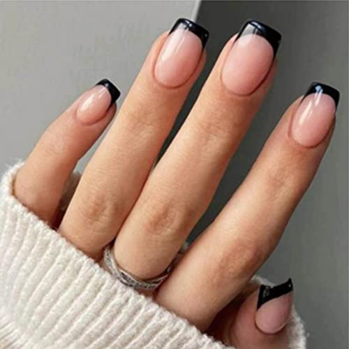 French Black Border Press on Nails Short Square Fake Nails Arc Acrylic Nails Glue on Nails Full Cover Fashion Exquisite Black Border Design Nails For Women and Girls 24Pcs
