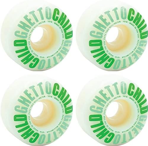 Set of four Ghetto Child Classic Logo Skateboard Wheels, white with green logo, arranged in a square formation.