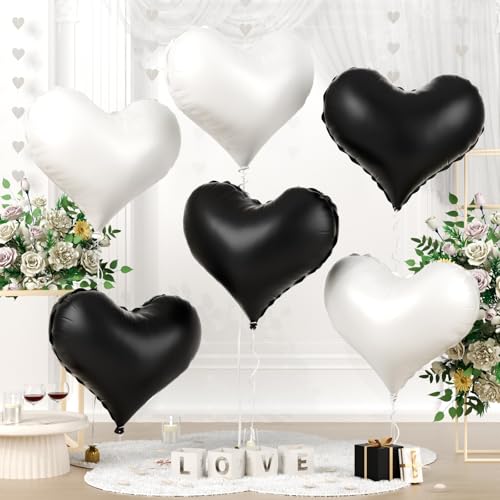 Paready 24 Inch Black White Heart Balloons, White Heart Foil Balloons, Black Balloon for Valentines Day Bridal Shower Anniversary Wedding Birthday Party Decorations