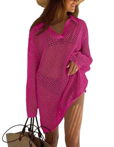 Ekouaer Women's Bathing Suit Cover Up Crochet Swimsuit Mesh Knit Swimwear Coverup Hollow Out Beach Dress Rose Red XXL
