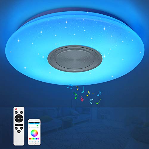 LED Deckenleuchte 24W mit Bluetooth Lautsprecher, Music Deckenlampe dimmbar mit Fernbedienung/APP-Steuerung, RGB Farbwechsel , Sternenhimmeleffekt Smart Musik Lampe