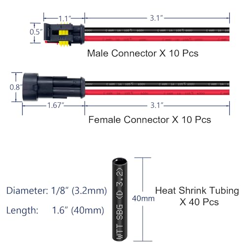 Twippo 10 Kit 16 AWG 2 Pin Connector Car Waterproof Wire Connectors 2 Pin Automotive Electrical Connectors Quick Disconnect 2 Way Wire Terminal Connector Plug and Heat Shrink Tubing Kit