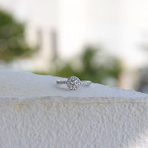 LEMON GRASS 1.22 Ct Round Halo Diamond Engagement Ring with Pave Band in Sterling Silver Clear Cubic Zirconia Stone Size 6