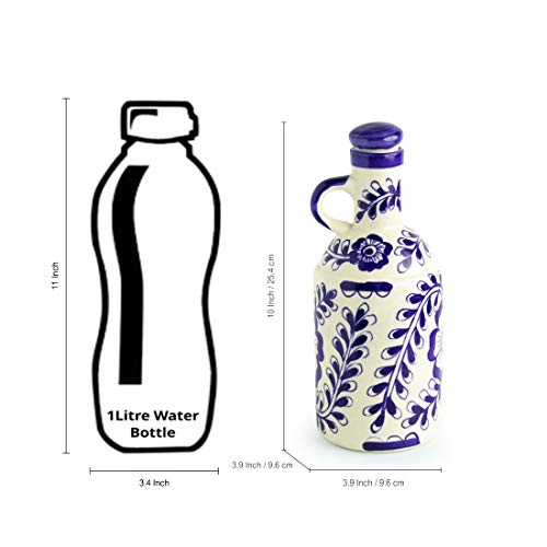 Image of ExclusiveLane The 'Flowy Flora' Mughal Hand-Painted Ink Blue Decorative Ceramic Oil Bottle (1000 Ml) -Cooking Oil Dispenser Containers Vinegar Oil Dropper Can Handled Nozzle Oil Pot Stoppers & Pourers