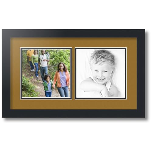 ArtToFrames Collage Photo Frame Double Mat with 2-7x7 Openings with Satin Black Frame and El Dorado mat.