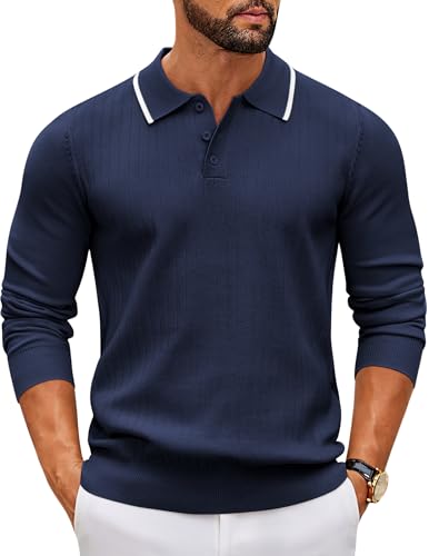 COOFANDY Mens Knit Sweater Polo Stripe Golf Sweater Lightweight Business Casual Collared Pullover Sweaters Midnight Blue