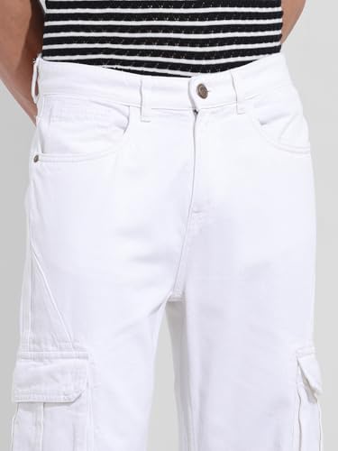 Image of The Indian Garage Co Men Relaxed Fit Solid Mid-Rise Cargo Denim