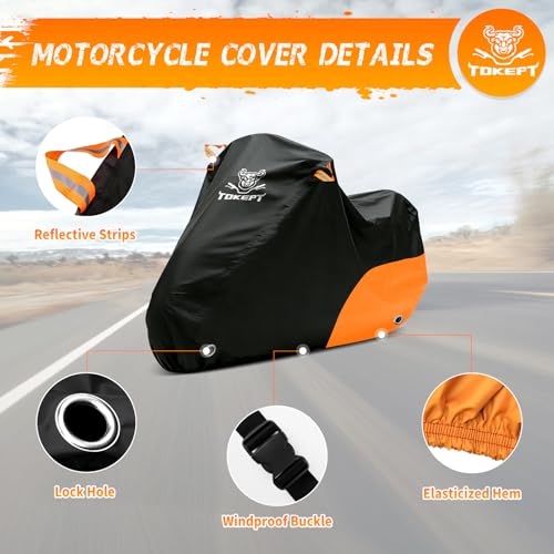 Image of Motorcycle Cover Waterproof All Season Outdoor Protection, Fits up to 96 Inch, Compatible with Sport Bikes & Cruisers with Locking Holes & Reflective Strips (Black&Orange)