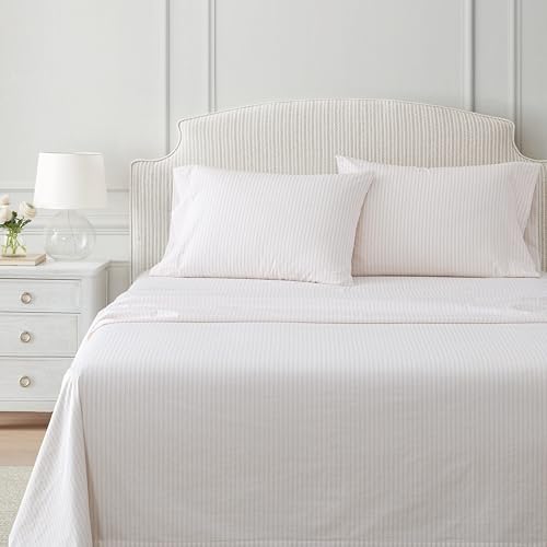 Image of Martha Stewart - Twin XL Size Sheet Set, Breathable Cotton Percale Bedding with Matching Pillowcase, Fully Elastic Fitted Sheet, Deep Pocket, Crisp & Cooling All-Season Comfort (Ticking Stripe Pink)