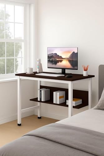 Image of Multipurpose Wood Study Table with Shelf Computer, Laptop & Office Workstation Desk for Home & Work - Easy to Assemble Gaming Concept Desk (Brown Board White Metal)(L*90,B*60,H*75)cm.