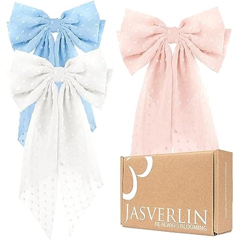 JASVERLIN Hair Bow Clips with Long Tail for Women - Large Chiffon Hair Barrettes French Style Bowknot Girls Hair Accessories Soft Gauze Fabric Bow with Metal Clip 3 Pcs (Blue Pink White) Cover