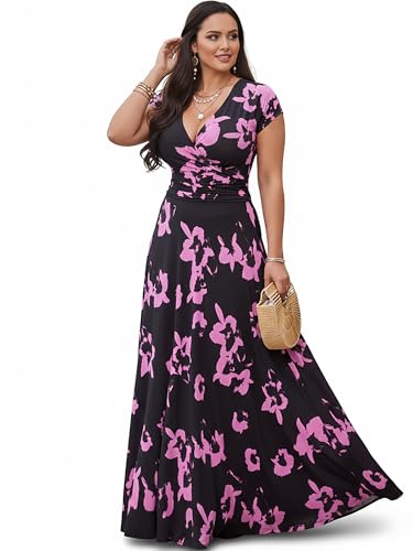 Image of KOH KOH Womens Short Cap Sleeve Summer Floral Print Long Casual Maxi Dress