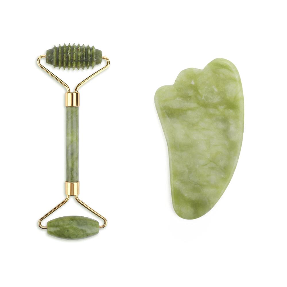 Juego de herramientas de masaje facial de rodillo de jade masajeador facial de piedra natural Guasha tabla de masaje Gua Sha Raspador de jade Rodillo y kit de guasha-B sin caja