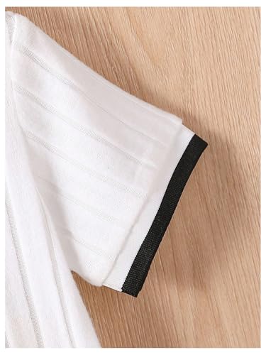 Image of RoseSeek Boy's 2 Piece Summer Outfits Ribbed Knit Color Block Short Sleeve Golf Shirt and Track Shorts Sets White 5Y