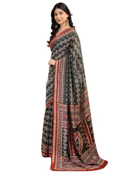 Women’s Digital Print Chiffon Saree with Unstitched Blouse Piece | Green & Rust Ikat Geometric Abstract Print | Lightweight Cotton Blend Saree for Festival, Office, Puja & Casual Wear-image-15