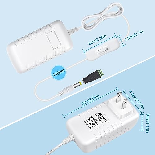 Image of 12V Power Supply, 12 Volt 3A 36W DC Power Supply with On Off Switch, White Switching LED Power Adapter, AC 110V to 12V Wall Wart Transformer Plug for LED Strip Lights with 5.5 /2.1 DC Female Connector