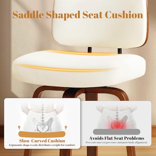 Image of Counter Height Bar Stools Set of 2, 26+inch Swivel Faux Leather Barstool with Back, Upholstered Mid-Century Modern Bar Chairs with Bent Wood Legs for Kitchen Counter, Dining Room, Cream White