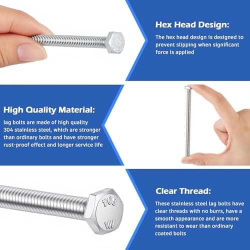 Image of Zonon 50 Pcs 3 /8-16 x 3 Hex Head Screw Bolt 18-8 (304) Stainless Steel Hexagon Bolts, Fully Threaded, Plain Finish, External Hex Drive (Silver)
