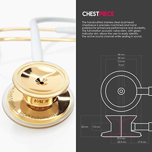 MDF Instruments, MD One Stainless Steel Stethoscope, Adult, White Tube, Gold Chestpieces-Headset, MDF777K29