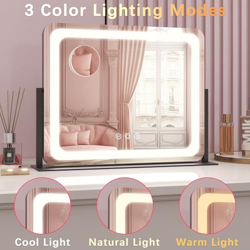 Image of ROLOVE 22x17 Inch Lighted Vanity Mirror with Dimmable LED Lights - 3 Color Modes, Smart Touch Control & 360 Rotating Base - Desk Makeup Mirror (Black)