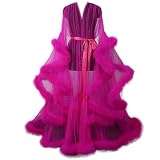 Generisch Damen Sexy Feder Braut Robe Kimono Transparent Spitze Morgenmantel Feder Robe Perspektive Chiffon Dessous Maxi Kleid Nachtwäsche V Ausschnitt Durchsichtig Feder Robe,D,One Size