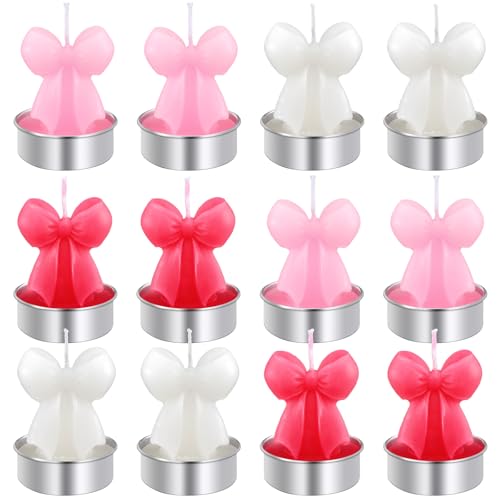 Nuanchu 12 Pcs Pink Bow Tealight Candles Coquette Party Decorations Pink Bow Candle Handmade Unscented Supplies for Wedding Gift Home Dinner Table Decor