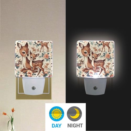 Image of Cute Vintage Fawn Deer Night Lights 2 Pack Plug-in Wall Led Nightlight Auto Dusk-to-Dawn Sensor Lamps for Bedroom Kitchen Bathroom