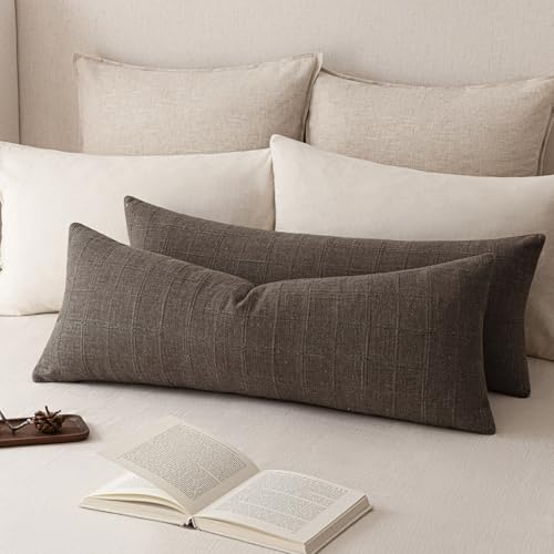 Image of Foindtower Set of 1 Decorative Linen Check Throw Pillow Cover Neutral Farmhouse Lumbar Cushion Cover Soild Modern Boho Home Decor for Sofa Chair Couch Bedroom Living Room,14x36 Inch,Dark Brown